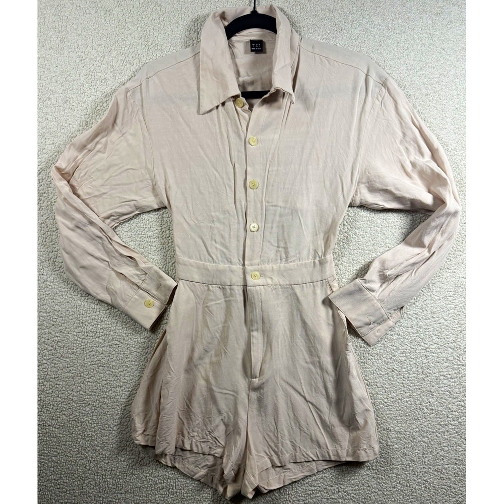 SHEIN Women's Beige Solid Collared Button Front Long Sleeve Romper S